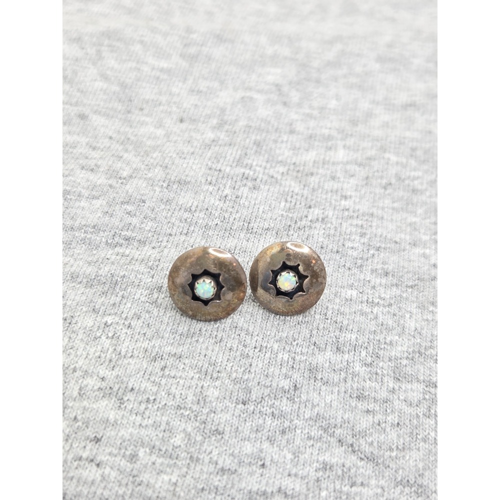 Vintage Navajo Suzie Lee Sterling Silver Opal Stud Signed Southwestern Earrings